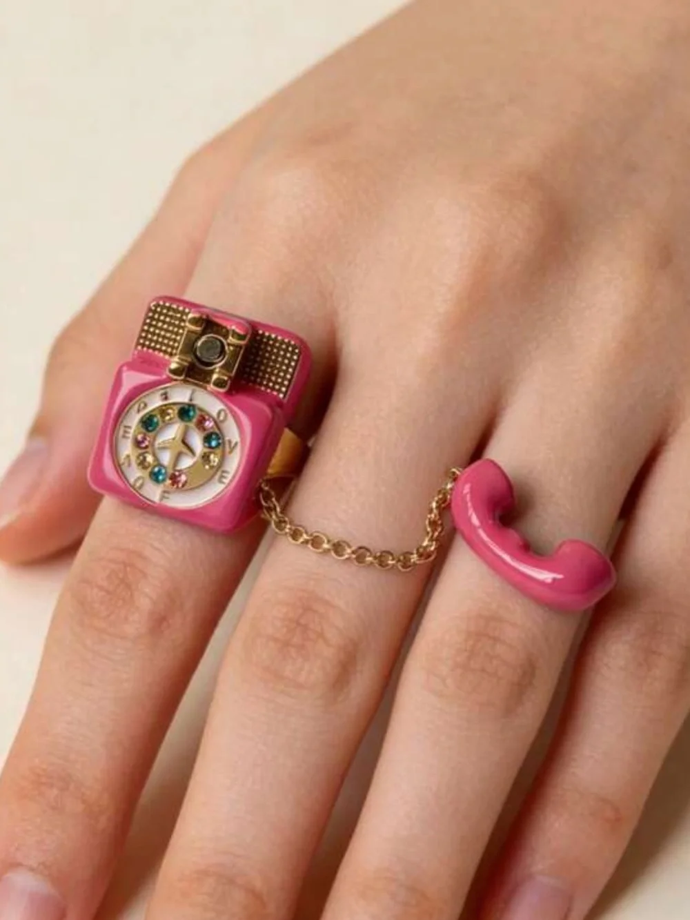Pink Retro Telephone Statement Ring with Multicolor Crystal Dial One Size